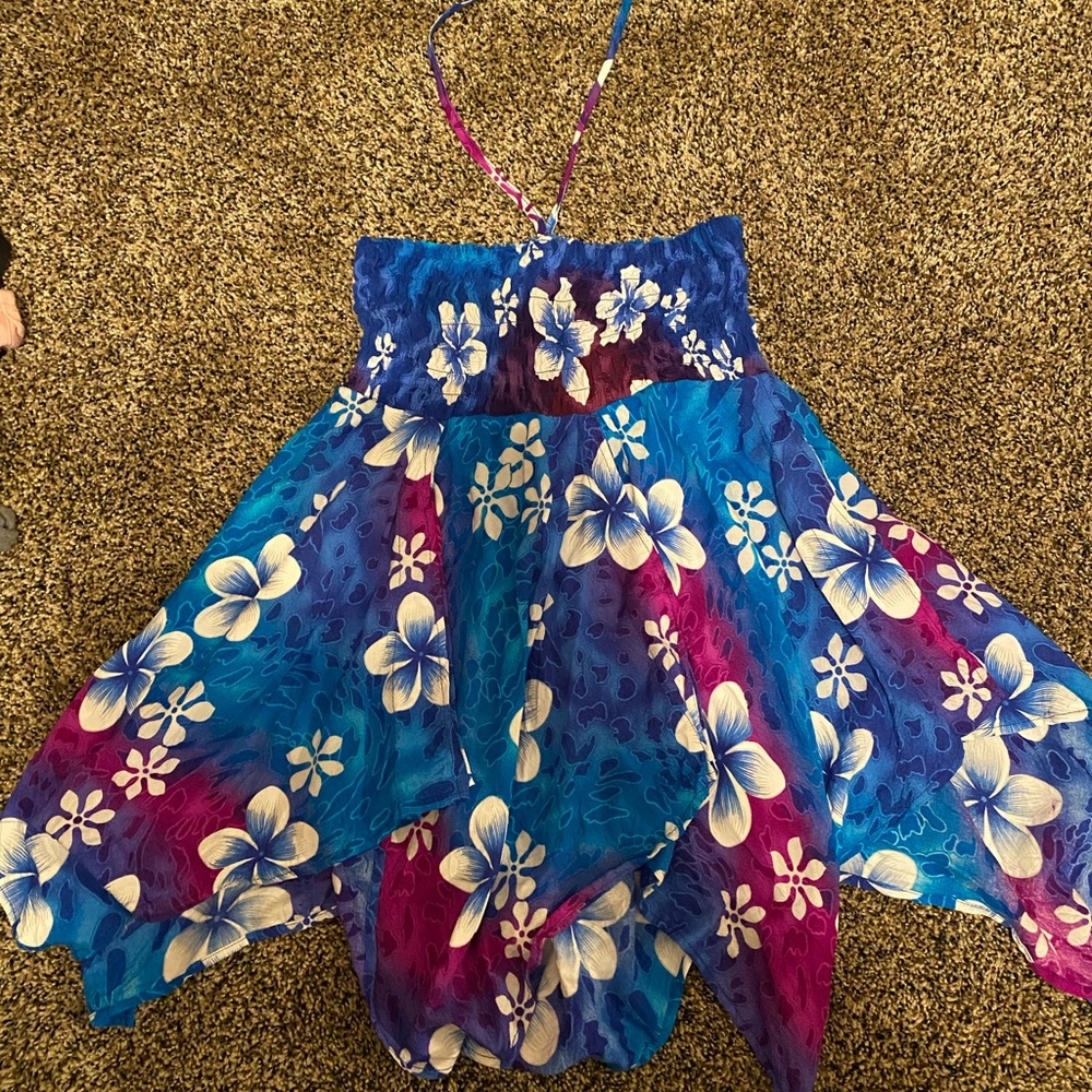Hawaii Dress- vibrant blue and magenta.  Asymmetrical.  Ties around neck.